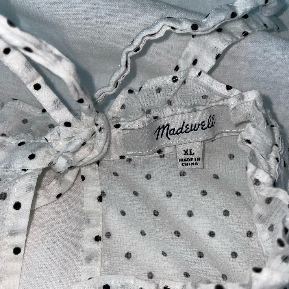 Madewell XL Mockneck Ruffle Top in Flocked Dot Shirt white long sleeve polka - Picture 5 of 8